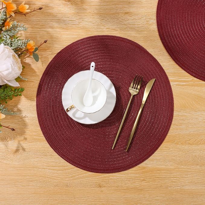 SHACOS Round Placemats Set of 6 for Dining Table 15 inch Round Braided Place Mats Washable Non Slip Kitchen Table Mats, Burgundy