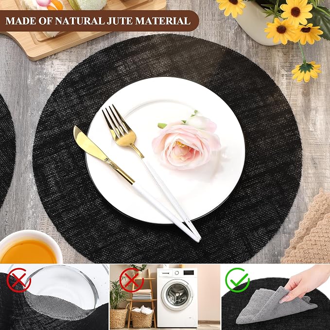 Aneco 50 Pieces Round Burlap Placemats 13.78 Inch Reusable Black Table Mats Heat Resistant Natural Jute Fibers Placemats Burlap Circle Rustic Table Decorations for Dinner Holiday Farmhouse Decor