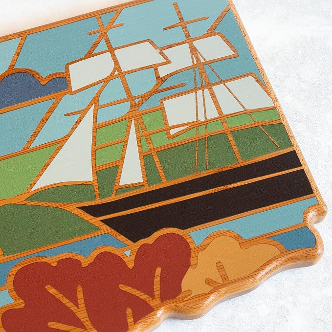 Totally Bamboo Connecticut State Shaped Cutting Board and Charcuterie Serving Platter with Artwork by Summer Stokes, Includes Hang Tie for Wall Display