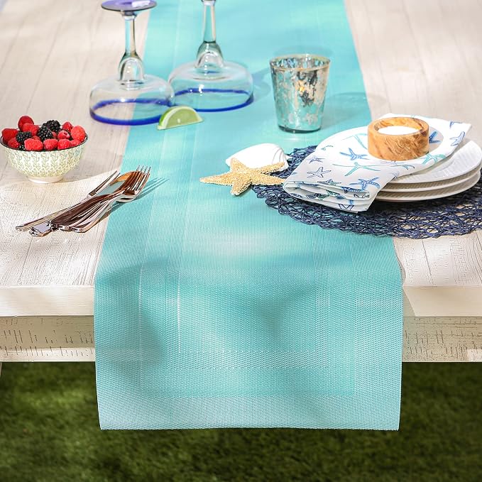 DII PVC Tabletop Collection Woven Indoor/Outdoor, Table Runner, 14x72, Aqua