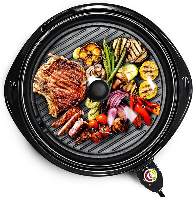 Elite Gourmet EMG-980BX Indoor Electric Round Grill, Non-Stick, 14" Black | Cool-touch handles, fast heat-up, dishwasher-safe with glass lid - great for low-fat meals, easy cleanup
