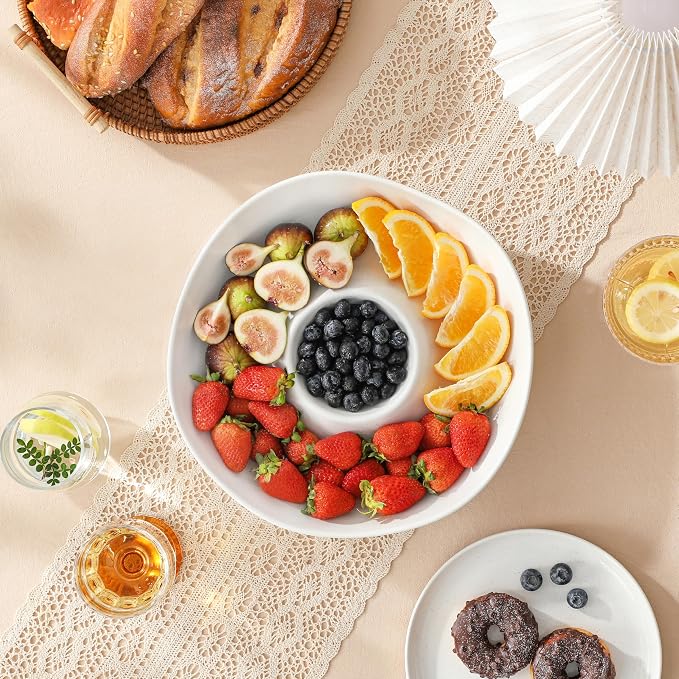 MALACASA Ceramic Chips and Dip Serving Tray, 12 Inch Dip Serving Tray | Free-Form Divided Ceramic Chips and Dip Bowls for Parties, Hosting and Entertaining, White