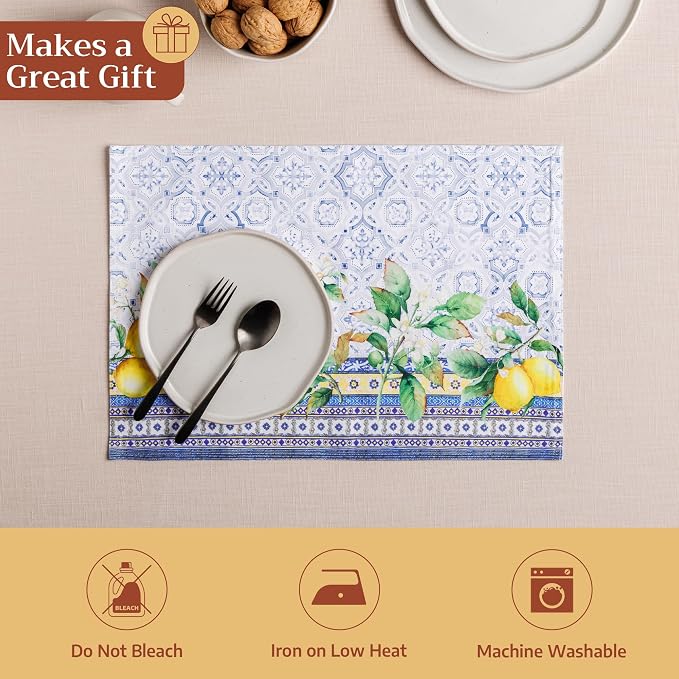 Maison d' Hermine Placemats Set of 4 Reusable 100% Cotton (13"x19") | Cloth Place Mats Washable Table Mats for Kitchen Dining Party Wedding Hotel Home Restaurant Spring Summer - Citrus