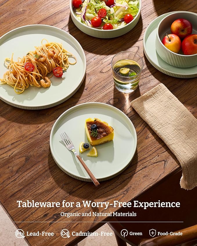 Famiware Star Stoneware Dinnerware Sets with Pasta Bowls, 16pc Dishes for 4 | Ceramic Flat Plates and Double Bowls. Chip & Scratch Resistant. Microwave & Dishwasher Safe, Everyday Dining, Light Green