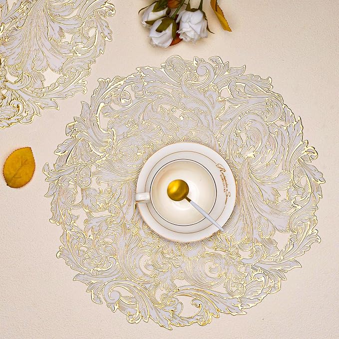 Evevda Gold Placemats Set of 6 Hollow Out Vinyl Dinner Table Mats | Non Slip Washable Place Mats for Dining Tables Kitchen Wedding Party Restaurant Decor