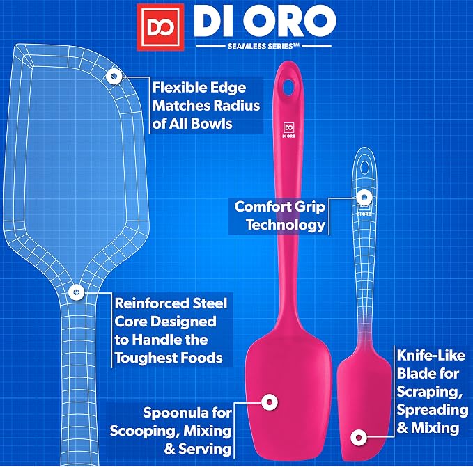 DI ORO Silicone Spatula Set - 600F Heat Resistant, 3-Pc Magenta | Rubber scraper won't scratch nonstick pans; For baking, cooking, mixing, and frosting; BPA-free and dishwasher safe