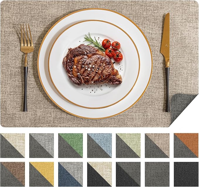 Romanstile Vinyl Placemats Set of 4, Reversible Faux Leather Heat Resistant Wipeable Table Mats, Waterproof Washable Non-Slip Table Placemats for Dining/Kitchen/Party/Outdoor (Grey Khaki, 12" x 17")