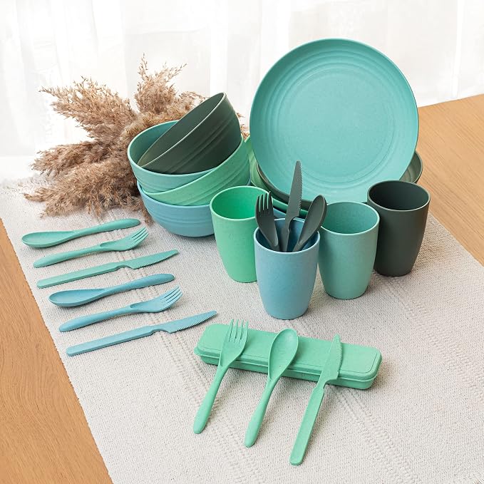 FOODLE Wheat Straw Dinnerware Set - RV, Camping, Picnic Plates Cups & Bowls | BPA-Free & Safety Tested - Microwave & Dishwasher Safe - Lightweight & Unbreakable Dishes - Great for Kids & Adults - For 4