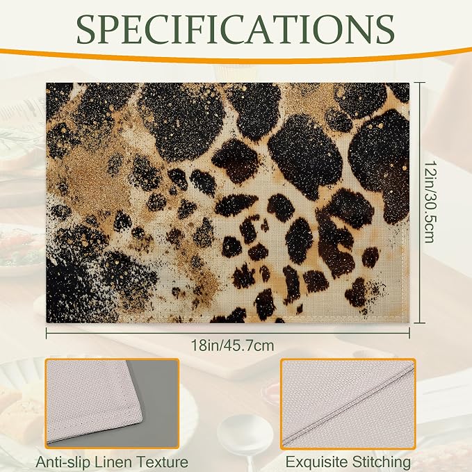 Vintage Leopard Print Fabric Placemats,Gold Glitter Table Placemats Set of 6 Cloth Place Mats, Washable Heat-Resistant Table Mats for Home Kitchen Dining Room Decoration 11.8x17.7 Inch