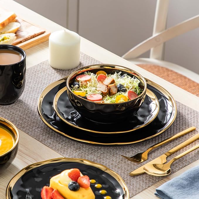 LOVECASA 16 Pieces Plates and Bowls Sets, Porcelain Black and Gold Dinnerware Sets, Round Dinner Plates Dishes Set Service for 4, Dishwasher Safe and Scratch Resistant, Black