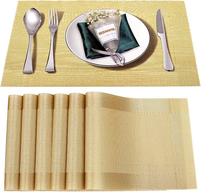 Gold Vinyl Placemats Set of 6,Washable Dining PVC Table Mats | Heat resistant, stain resistant non slip vinyl place mats, washable gold table placemats for dining table