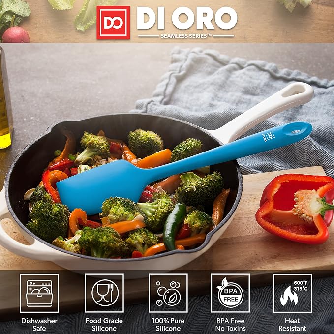 DI ORO Large Silicone Spatula - 600F Heat Resistant, Blue | Rubber scraper for baking, mixing, and frosting; Won't scratch nonstick pots and pans; BPA-free and dishwasher safe