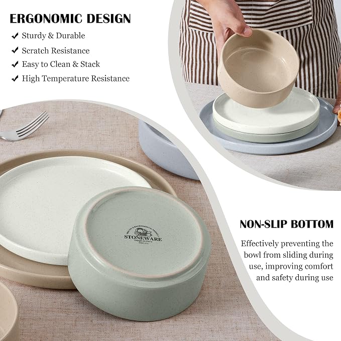 E-far Dinnerware Sets for 8, 24-Piece Stoneware Plates and Bowls Sets | Modern Kitchen Dining Dishware, Chip and Scratch Resistant, Microwave & Dishwasher Safe, Speckled Multicolor