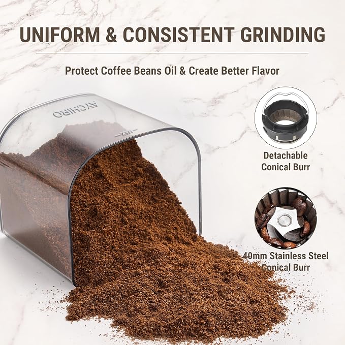 AYCHIRO Conical Burr Coffee Grinder Electric, Coffee Grinder with 30 Grind Settings, Adjustable Burr Mill Grinder for Home Use, 2-12 Cups for Espresso, Pour Over & French Press