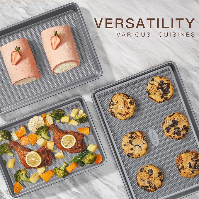 3 Pack Nonstick Ceramic Baking Sheet Pan Set for Oven, Non-Toxic Half/Quarter/Jelly Roll Pans with Diamond Texture, 0.8mm Aluminized Steel Cookie Trays for Cooking, Charcoal Gray