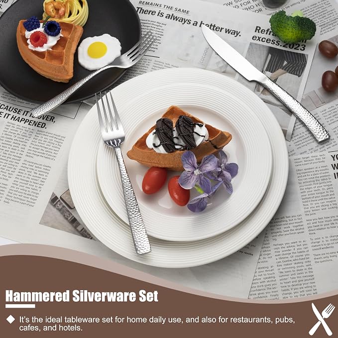 40 Piece Hammered Silverware Set, Food Grade Stainless Steel Flatware Set | Hammered Cutlery Set, Service for 8, Heavy Duty, Dishwasher Safe, Mirror Polished, Home, Party, Wedding
