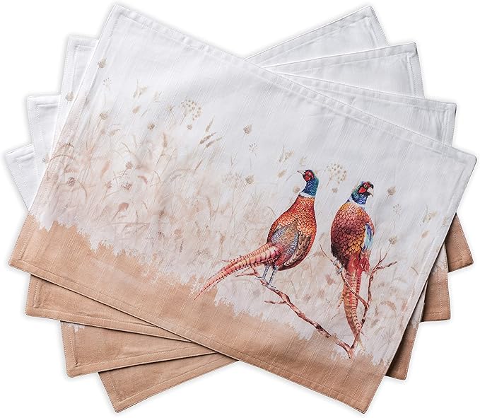 Maison d' Hermine Placemats Set of 4 Reusable 100% Cotton (13"x19") | Cloth Place Mats Washable Table Mats for Kitchen Dining Party Wedding Hotel Home Thanksgiving Christmas - Faisan D'Automne