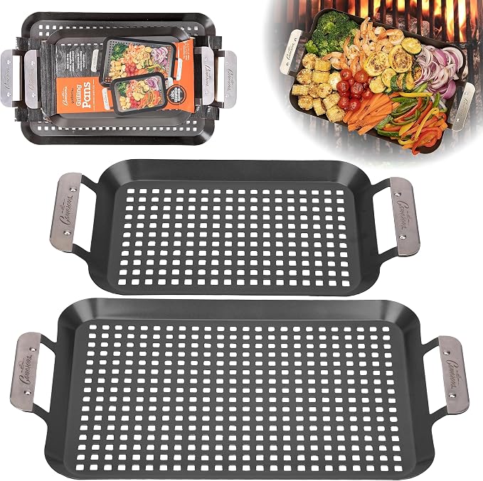 Camerons BBQ Grill Topper Non-Stick Grilling Pans, 2 Pack | Barbecue Trays with Stainless Steel Handles, Indoor Outdoor Use for BBQ Smoked Meat, Veggies & Seafood, Grilling Gift for Men