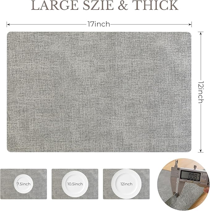 Romanstile Vinyl Placemats Set of 4-12 X 17 Inch - Faux Leather 100% Waterproof Wipeable Anti Slip Place Mats, Heat Resistant Reversible PU Table Mats for Kitchen Dining Party Outdoor, Light Grey
