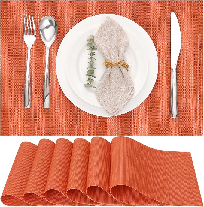 Myir JUN Placemats Set of 6 Kitchen and Dining Table Placemats | Vinyl Placemats Place Mats Indoor/Outdoor Set of 6 Washable Table Mats Non-Slip Place mats for Dining Table, Orange