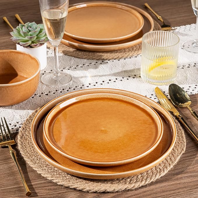 GBHOME Dinnerware Sets for 6, 18 Pieces Ceramic Plates and Bowls Set | Scratch Resistant Stoneware Dishes Set, Dishwasher & Microwave Safe, Reactive Glaze-Amber