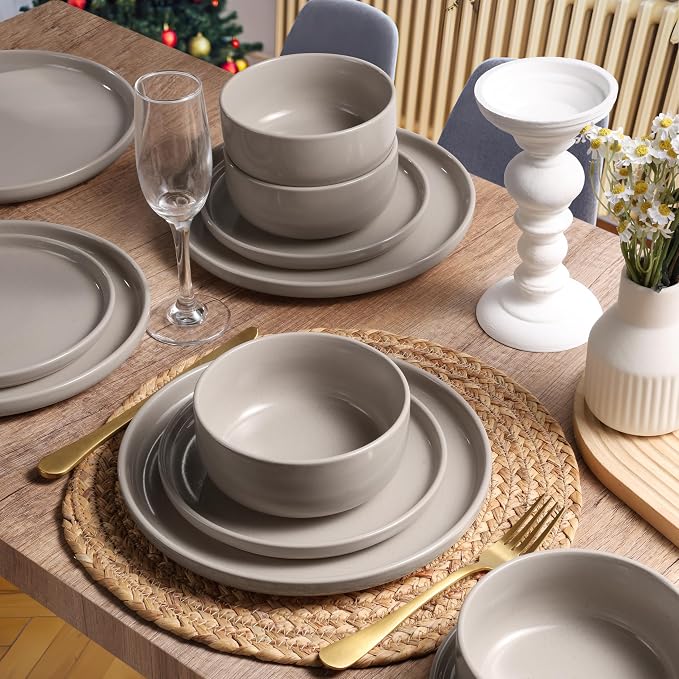 HaWare Dinnerware Sets, 24-Piece Plates and Bowls Set for 8, Cream Coffee