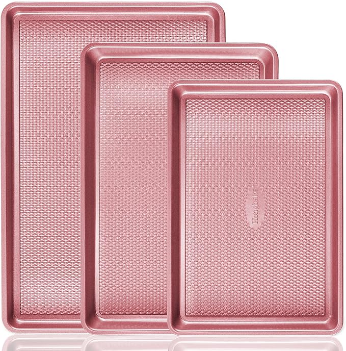 Baking Sheet Pan Set, Cookie Sheets for Oven, Nonstick Half/Quarter/Jelly Roll Pans with Diamond Texture Pattern, Heavy Duty Cookie Tray, Pink