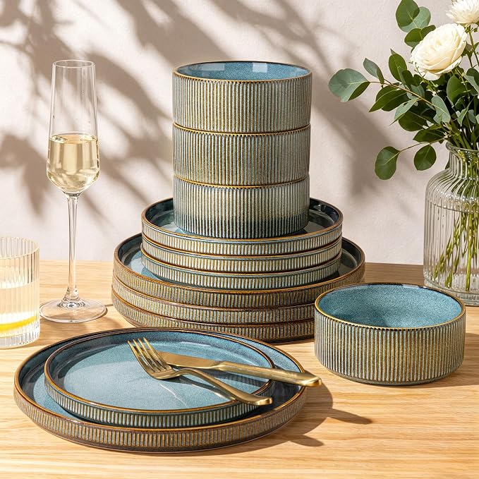 GBHOME Stoneware Dinnerware Sets for 4, 12-Piece Plates and Bowls Set | Handmade Reactive Glaze Ceramic Dish Set, Scratch Resistant, Dishwasher&Microwave Safe,Space Blue