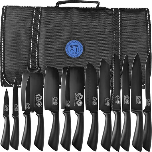 XYJ Knives,Professional Knife Sets for Master Chefs | Meat Cleaver Butcher for Camping,Chef Knife Set with Bag, Full Black