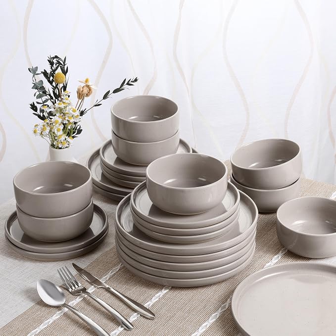 HaWare Dinnerware Sets, 24-Piece Plates and Bowls Set for 8, Cream Coffee