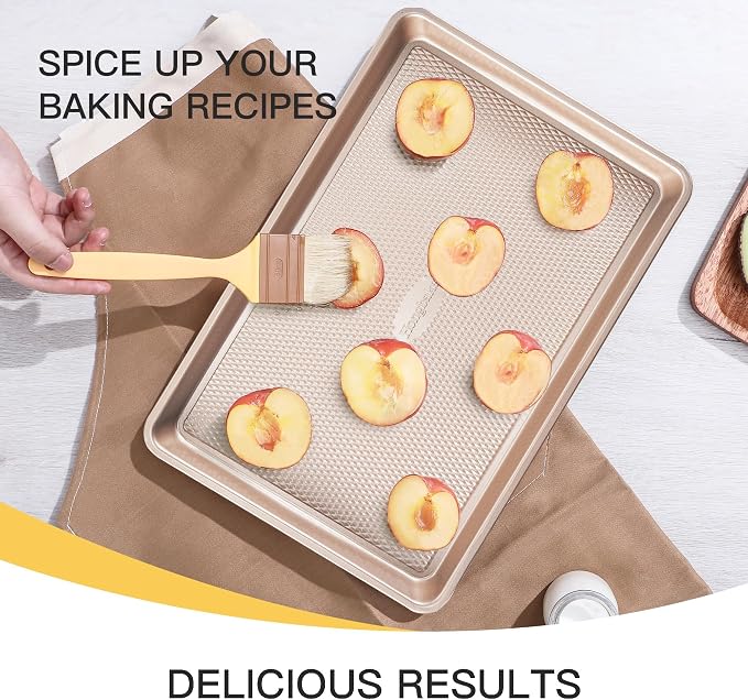 3 Pack Gold Nonstick Baking Sheet Pan Set with Oven Mitts Heat Resistant, Non-Toxic Half/Quarter/Jelly Roll Pans with Diamond Texture Pattern, Heavy Duty 0.8mm Thick Cookie Trays for Cooking