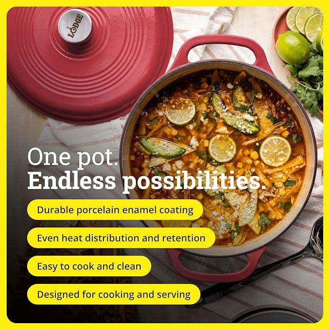 Lodge Essential Enamel Cast Iron Dutch Oven 6 Quarts - Perfect for Bread Baking, Braising, Marinating & Slow Cooking, Features Moisture-Sealing Lid & Dual Handles, Kitchen Essentials, Cranberry