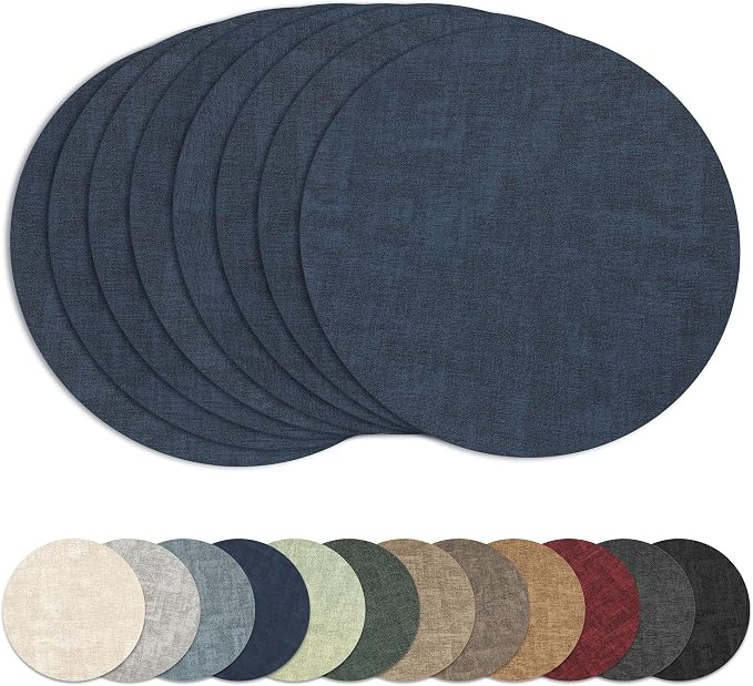 13" Round Placemats Set of 8, Reversible Faux Leather Wipeable Table Mats | 2mm Vinyl Heat Resistant, Waterproof Oilproof Scratch Proof Non-Slip, Washable for Kitchen Dining Indoor Outdoor (Navy Blue)