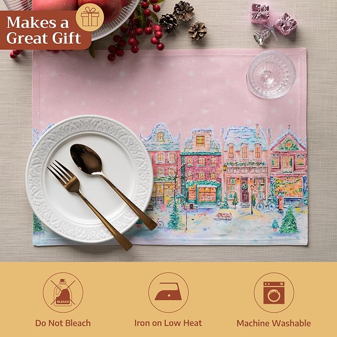 Maison d' Hermine Placemats Set of 4 Reusable 100% Cotton (13"x19") | Cloth Place Mats Washable Table Mats for Kitchen Dining Party Wedding Home Thanksgiving Christmas - Christmas Market - Pink