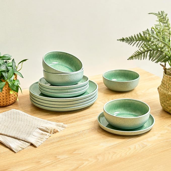 Sango Asher 12-Piece Stoneware Dinnerware Set for 4, Green Ceramic Plates and Bowls Sets, Modern Dish Set with Reactive Glaze, Durable Kitchen Dishes for Casual Dining, Microwave & Dishwasher Safe