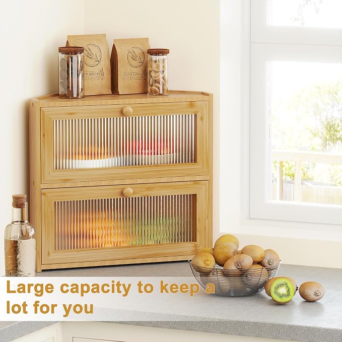 BAMBANG Corner Bread Box for Kitchen Countertop, Double Layer Bamboo Bread Storage Container with Wavy Windows, Farmhouse Large Bread Bin, Wooden Breadbox Holder for Homemade Bread (Natural)