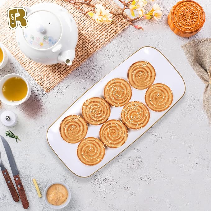 R-kay 4 Pack Gold Rim Plastic Serving Trays - 10 by 5.5 in Heavy Duty Rectangular Platters for Food and Desserts - Premium White Party Trays