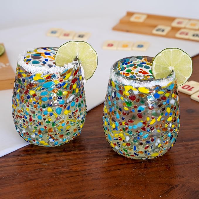 Confetti Dots Hand Blown Stemless Wine Glasses Set of 6 – Colorful Mexican Glassware – 16 oz Wine Glass – Hand Blown Mexican Drinking Glasses for Wine, Cocktails & Tequila
