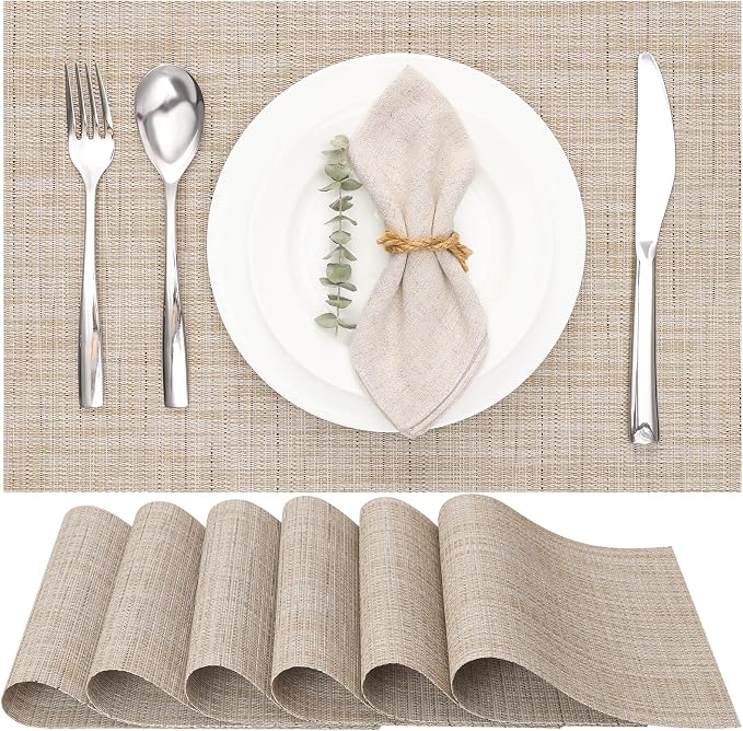 Myir JUN Placemats Set of 6 Kitchen and Dining Table Placemats | Vinyl Placemats Place Mats Indoor/Outdoor Set of 6 Washable Table Mats Non-Slip Place mats for Dining Table, Beige