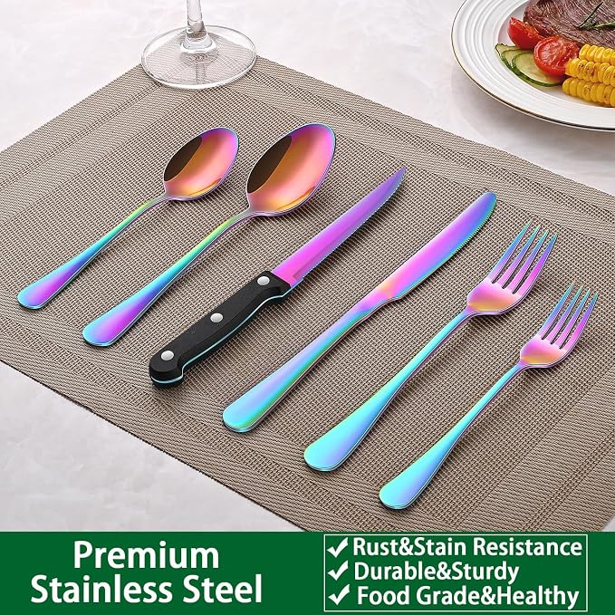 Rainbow 24 Pieces Stainless Steel Silverware Sets With Steak Knives Service For 4,Colorful Eating Utensils Set Includes Knife Spoon Fork For Kitchen Flatware Sets