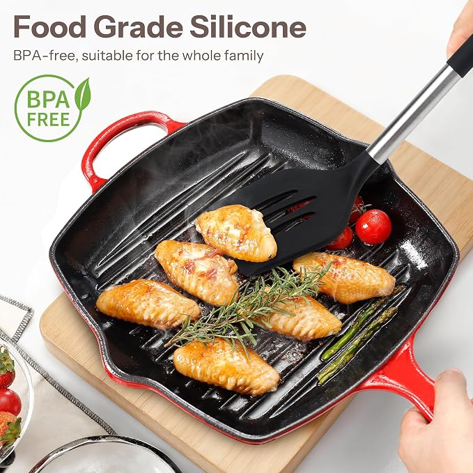 NCUE 28-Piece Silicone Kitchen Utensils Set with Stainless Steel Handles | 446°F Heat Resistant Cooking Utensils Set with Holder, BPA-free Food Grade, Nonstick Cookware Safe, Great for New Home Baking