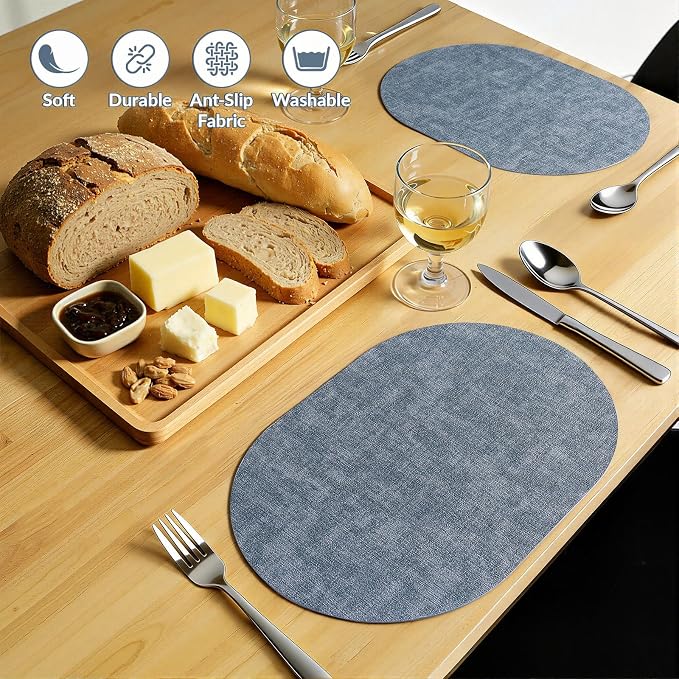 Placemats Set of 6, 11.8 x 17 Inch, Blue | Heat Resistant Oval Faux Leather Place Mats, Waterproof Wipeable Reversible PU Placemat, Indoor & Outdoor