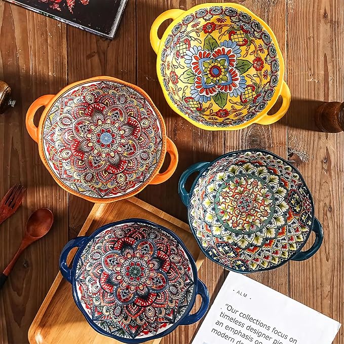 2 Pack Boho Ceramic Serving Bowls with Handles, 40 Oz Porcelain Salad Bowls, Large Serving Dishes for Entertaining, Mixing Bowls for Soup, Stew, Pasta, Cereal, Colorful Embossed Cute Bowls Set ALDS