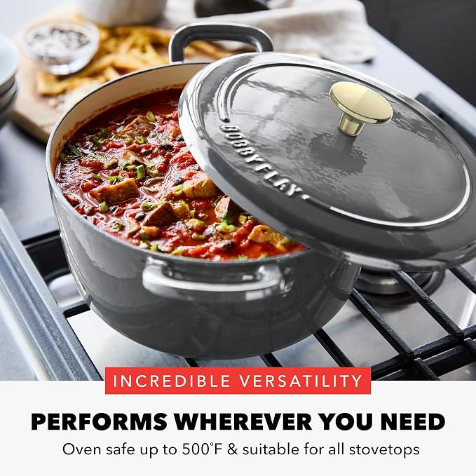 GreenPan x Bobby Flay 5.5QT Enameled Cast Iron Dutch Oven With Lid, Slate | Casserole Pot for Braising, Stews, Bread Baking & Searing, Self-Basting Lid, Induction Ready, Oven Safe To 500, Gold Lid Knob