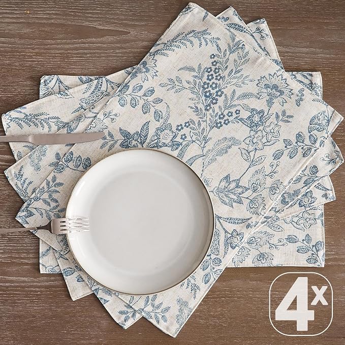 JINCHAN Linen Floral Placemats Set of 4 Farmhouse 13x19 Inch Blue | Fabric Placemats, Cottage Style, Vintage Botanical Pattern, Machine Washable, Easy to Store, Reusable