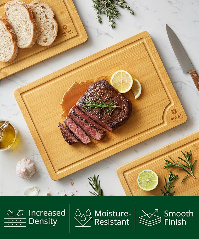 ROYAL CRAFT WOOD Cutting Boards for Kitchen - Chopping Board Set of 3 - Wooden Cutting Boards for Meal Prep & Serving - Bamboo Wood Cutting Board Set - Charcuterie & Chopping Butcher Block for Meat