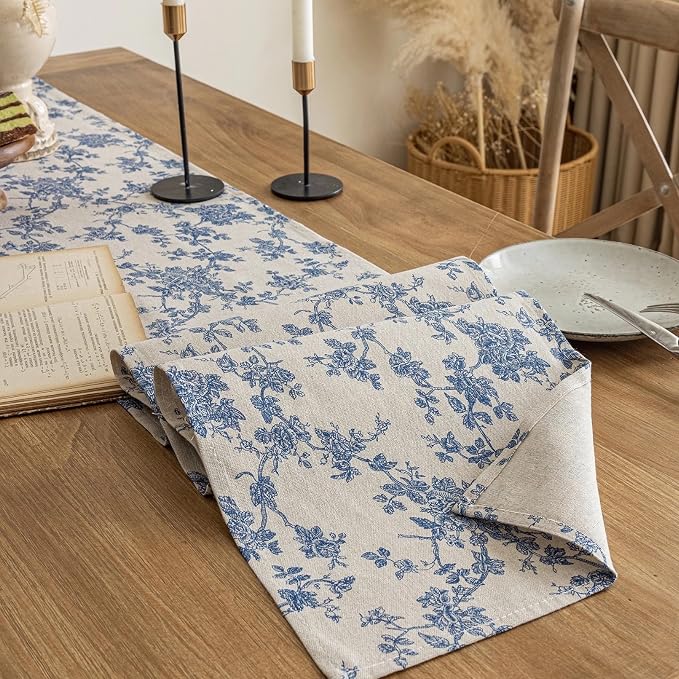 Pastoral Table Runner - 14 x 60 Inch Rectangle - Washable Tabletop with Dust-Proof Wrinkle Resistant for Restaurant, Picnic, Indoor and Outdoor Dining, Floral (Dark Blue)