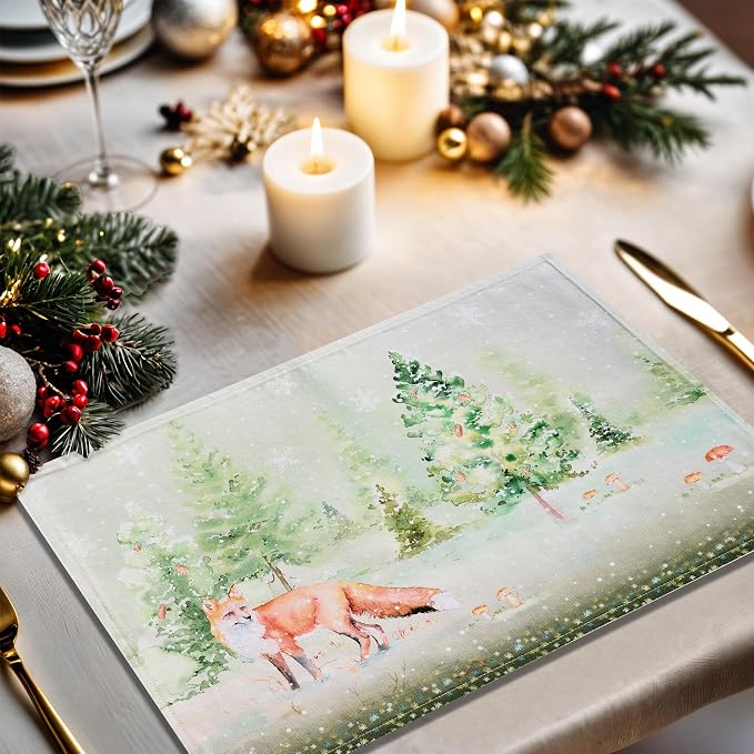 Maison d' Hermine Placemats Set of 4 Reusable 100% Cotton (13"x19") | Cloth Place Mats Washable Table Mats for Kitchen Dining Party Wedding Hotel Home Thanksgiving Christmas - Winter Mornings