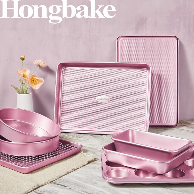 9-Piece Baking Pans Set Nonstick, Stackable Non Toxic Bakeware Sets with Diamond Texture, Oven Pan Set for Cooking, Includes Cookie Sheet with Rack, Cake Pan, Roasting Pan, Muffin Tin, Pink