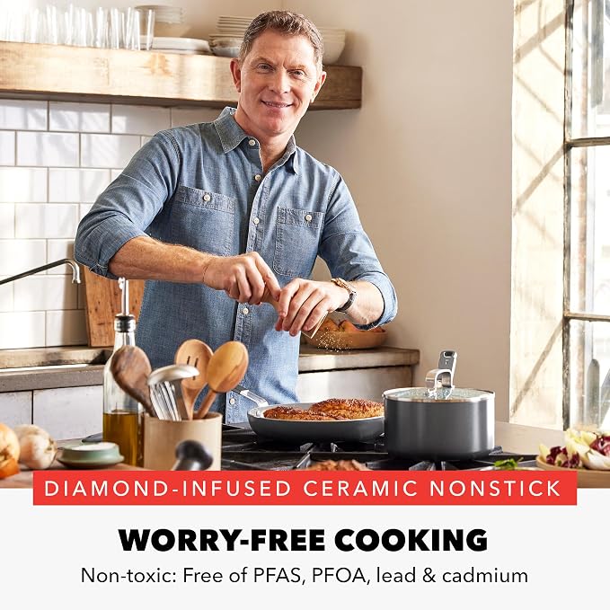 GreenPan x Bobby Flay 1.67QT Ceramic Nonstick Saucepan with Lid, Graphite | PFAS-Free Diamond Ceramic Nonstick Chef Pan, Silicone Handle, Induction & All Stovetop Compatible, Dishwasher and Oven Safe